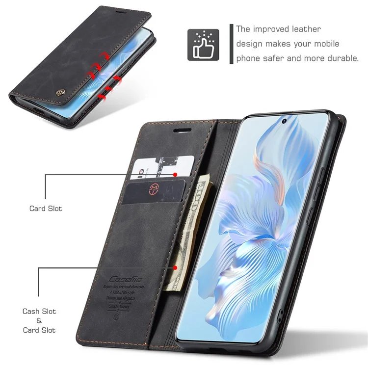 Funda CASEME 013 Series For Honor 80 5G Anticortes Soporte de cuero Funda de teléfono con ranura para tarjeta - Negro