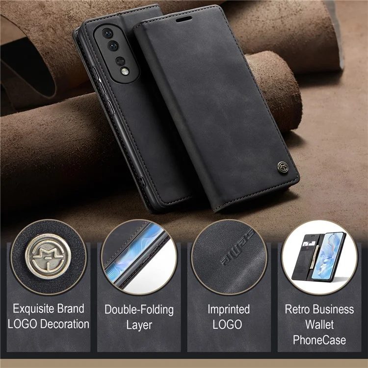 Funda CASEME 013 Series For Honor 80 5G Anticortes Soporte de cuero Funda de teléfono con ranura para tarjeta - Negro