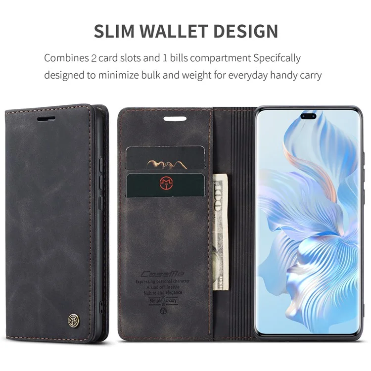 CASEME 013 Série Para Honor 80 Pro 5G Capa de Couro Capa de Telefone Slots de Cartão Suporte Flip - Preto