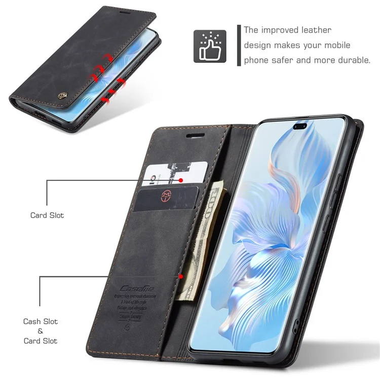CASEME 013 Série Para Honor 80 Pro 5G Capa de Couro Capa de Telefone Slots de Cartão Suporte Flip - Preto