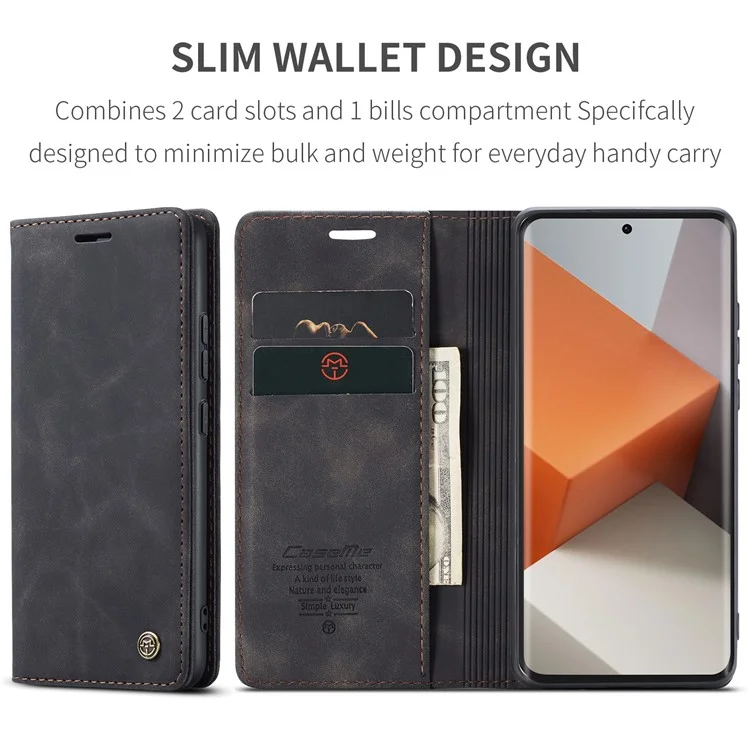 CASEME 013 Serie für Xiaomi Redmi Note 13 Pro+ 5G Hülle Brieftasche Ständer Flip Ledertelefonhülle - Schwarz