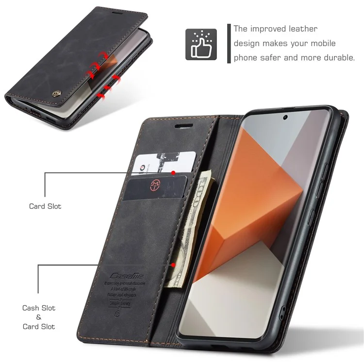 CASEME 013 Serie für Xiaomi Redmi Note 13 Pro+ 5G Hülle Brieftasche Ständer Flip Ledertelefonhülle - Schwarz