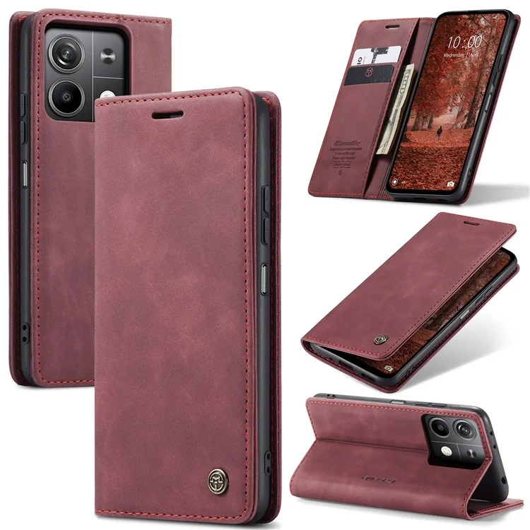 CASEME 013 Série Para Xiaomi Redmi Note 13 5G Capa com Suporte Resistente a Choques e Couro - Vermelho