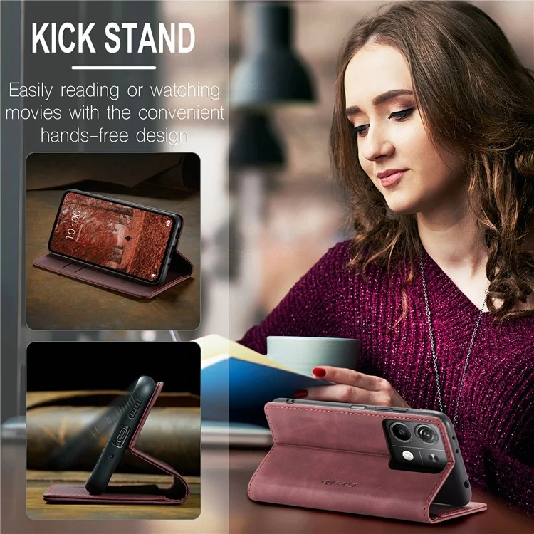 CASEME 013 Série Para Xiaomi Redmi Note 13 5G Capa com Suporte Resistente a Choques e Couro - Vermelho