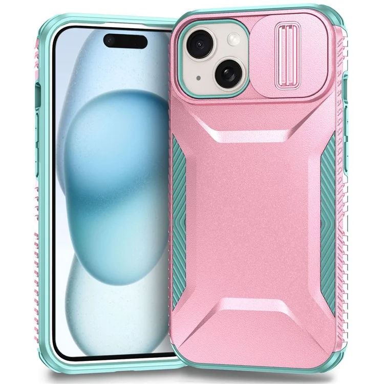 For iPhone 15 Plus Case TPU+PC Non-Slip Side Edge Phone Cover with Lens Lid - Pink / Grey Green