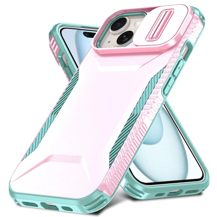 For iPhone 15 Plus Case TPU+PC Non-Slip Side Edge Phone Cover with Lens Lid - Pink / Grey Green