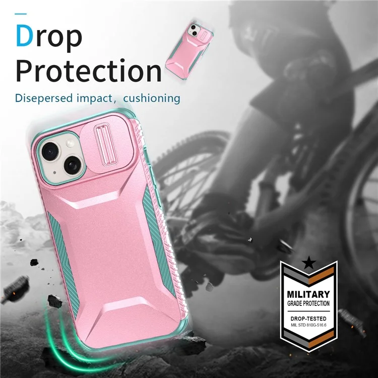 For iPhone 15 Plus Case TPU+PC Non-Slip Side Edge Phone Cover with Lens Lid - Pink / Grey Green