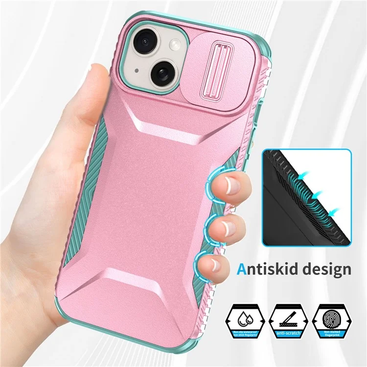 For iPhone 15 Plus Case TPU+PC Non-Slip Side Edge Phone Cover with Lens Lid - Pink / Grey Green