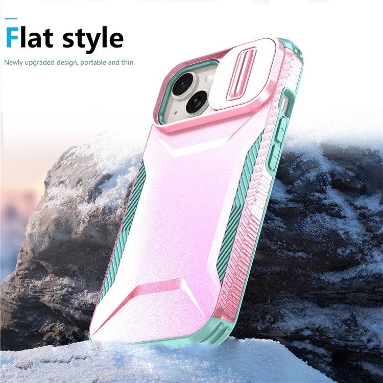 For iPhone 15 Plus Case TPU+PC Non-Slip Side Edge Phone Cover with Lens Lid - Pink / Grey Green