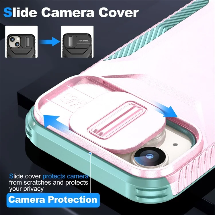 For iPhone 15 Plus Case TPU+PC Non-Slip Side Edge Phone Cover with Lens Lid - Pink / Grey Green