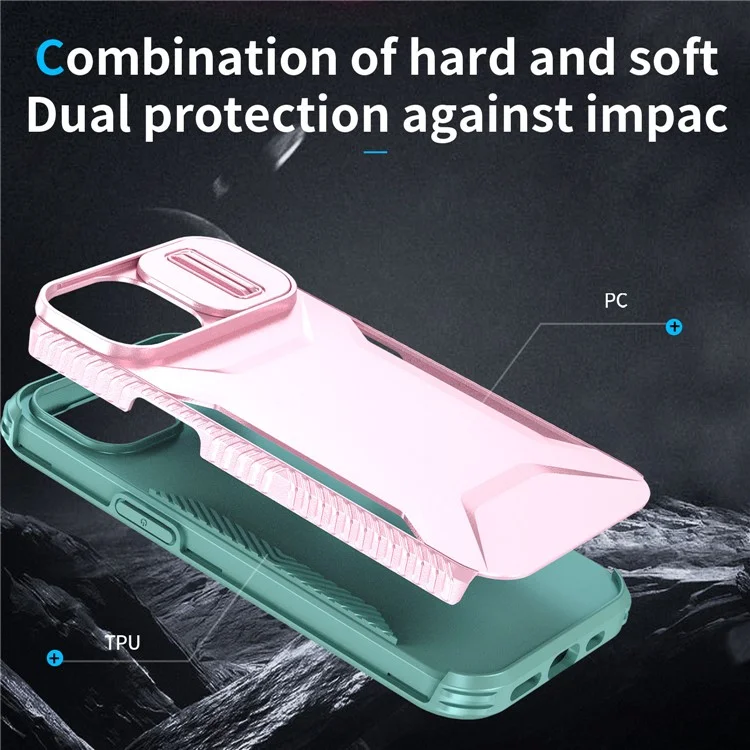 For iPhone 15 Plus Case TPU+PC Non-Slip Side Edge Phone Cover with Lens Lid - Pink / Grey Green