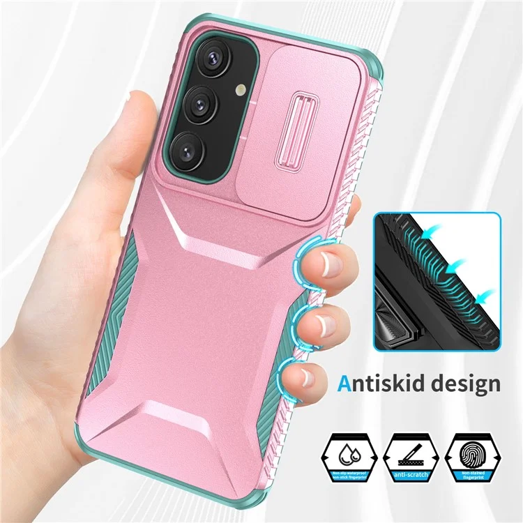 For Samsung Galaxy S25 / S24 Case Slide Lens Cover TPU+PC Phone Shell - Pink / Grey Green