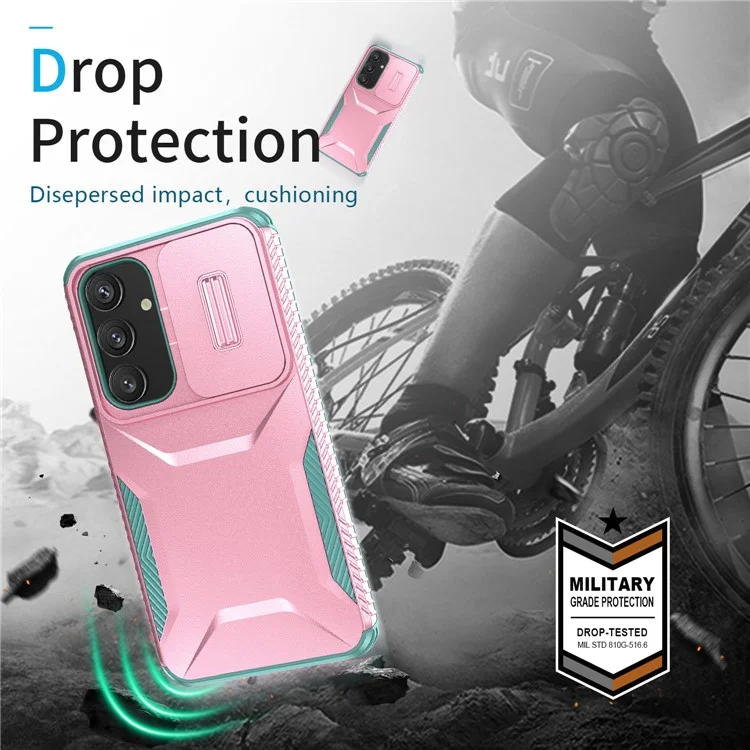 For Samsung Galaxy S25 / S24 Case Slide Lens Cover TPU+PC Phone Shell - Pink / Grey Green