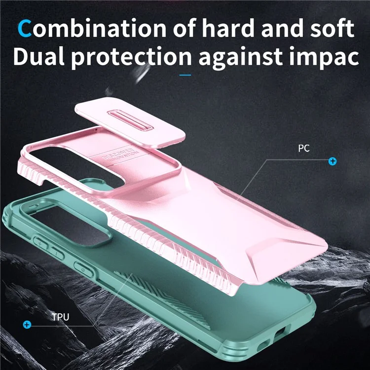 For Samsung Galaxy S25 / S24 Case Slide Lens Cover TPU+PC Phone Shell - Pink / Grey Green