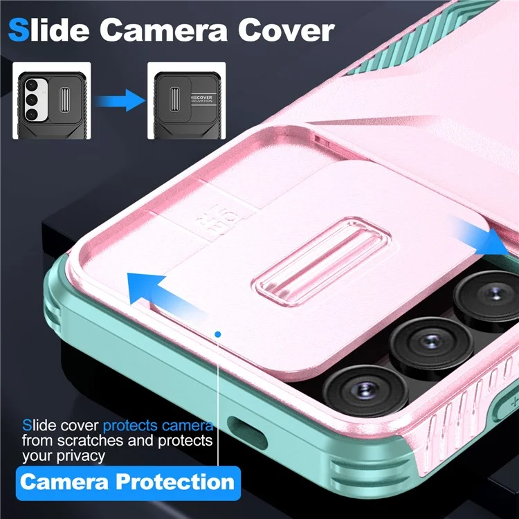 For Samsung Galaxy S25 / S24 Case Slide Lens Cover TPU+PC Phone Shell - Pink / Grey Green