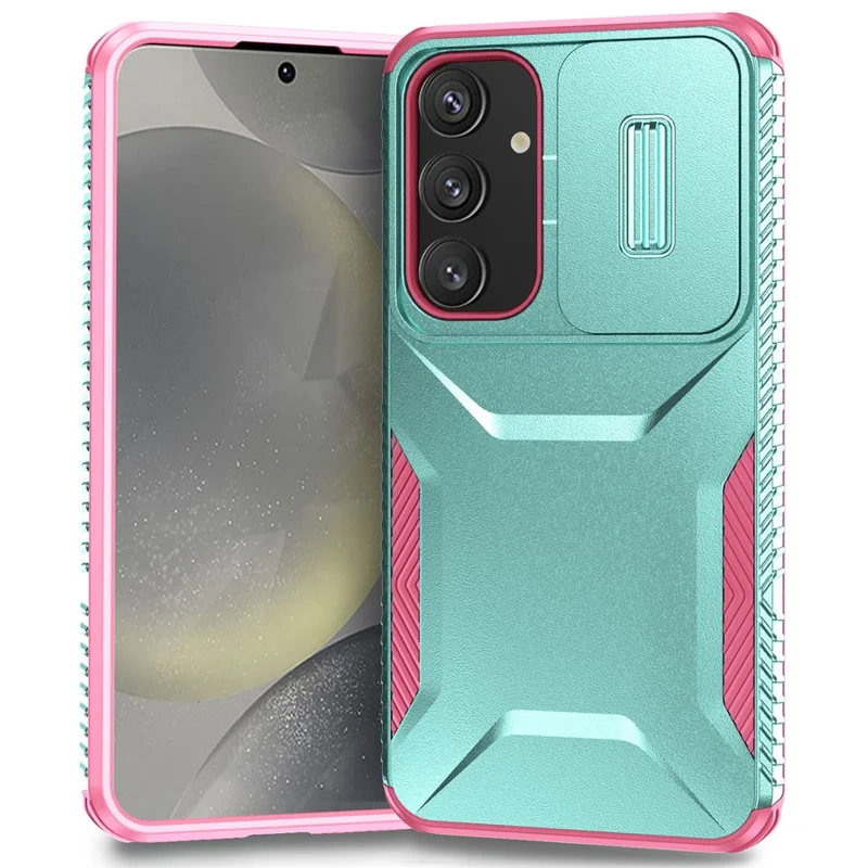 For Samsung Galaxy S25 / S24 Case Slide Lens Cover TPU+PC Phone Shell - Grey Green / Pink