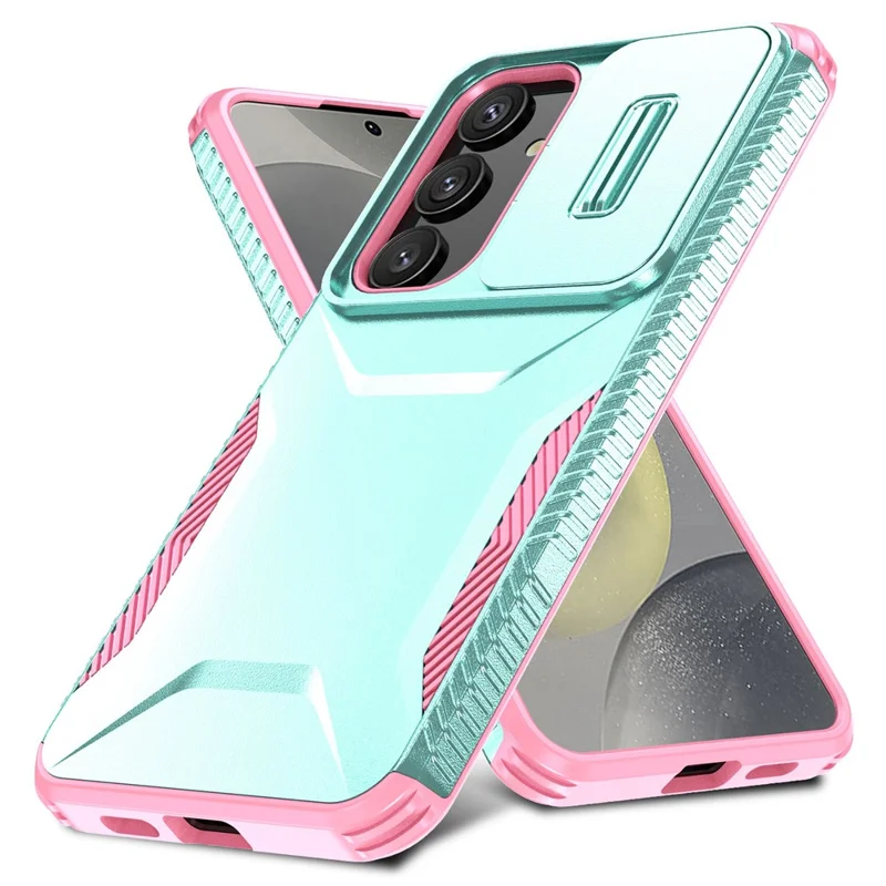 For Samsung Galaxy S25 / S24 Case Slide Lens Cover TPU+PC Phone Shell - Grey Green / Pink