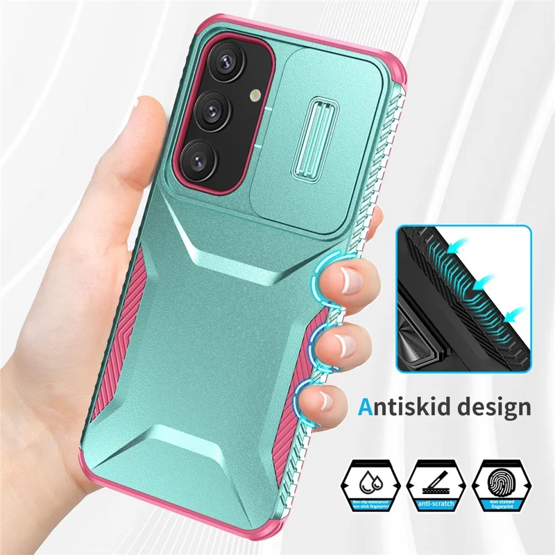 For Samsung Galaxy S25 / S24 Case Slide Lens Cover TPU+PC Phone Shell - Grey Green / Pink