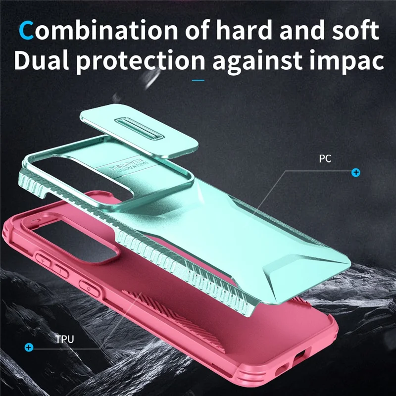 For Samsung Galaxy S25 / S24 Case Slide Lens Cover TPU+PC Phone Shell - Grey Green / Pink