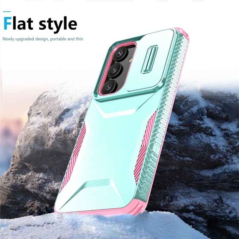 For Samsung Galaxy S25 / S24 Case Slide Lens Cover TPU+PC Phone Shell - Grey Green / Pink