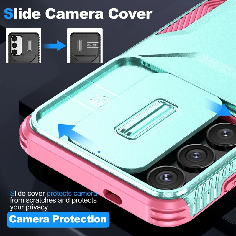 For Samsung Galaxy S25 / S24 Case Slide Lens Cover TPU+PC Phone Shell - Grey Green / Pink