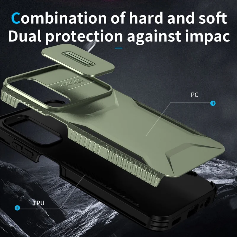 For Samsung Galaxy A15 4G / 5G Case PC+TPU Impact-Resistant Phone Cover Slide Camera Lens Protection - Green