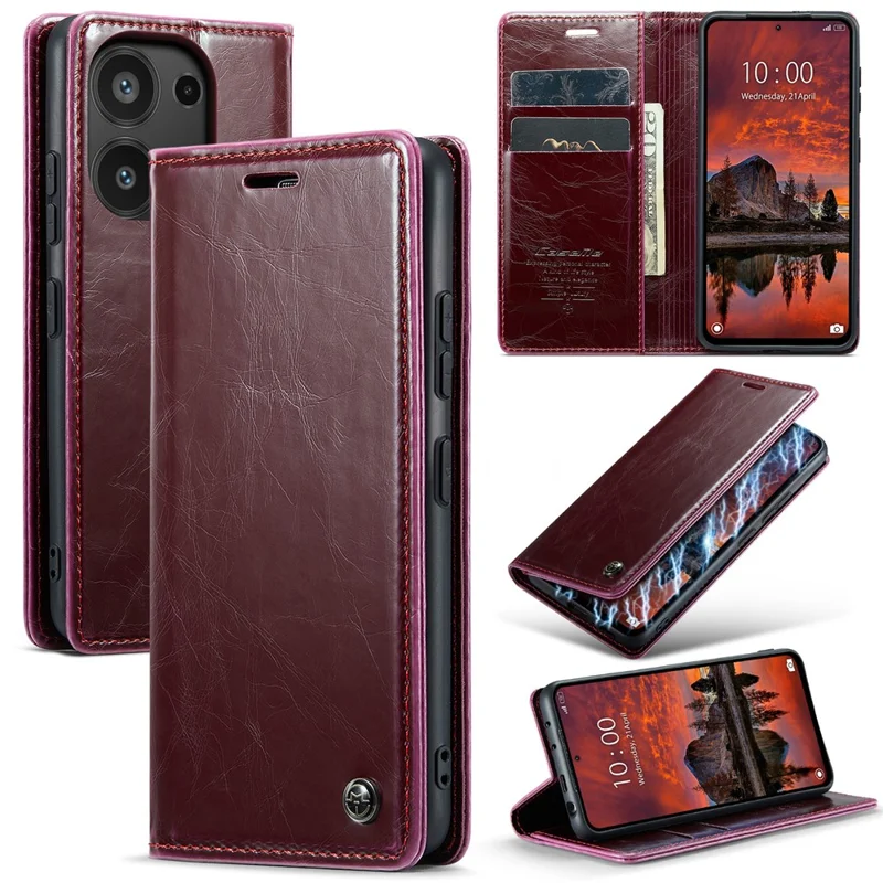 CASEME 003 Series For Xiaomi Redmi Note 13 Pro 4G / Poco M6 Pro 4G Case Wallet Waxy Leather Phone Cover - Wine Red