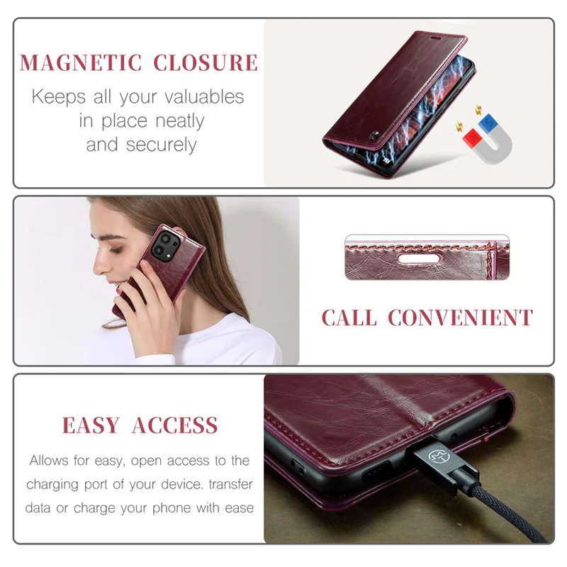 CASEME 003 Series For Xiaomi Redmi Note 13 Pro 4G / Poco M6 Pro 4G Case Wallet Waxy Leather Phone Cover - Wine Red