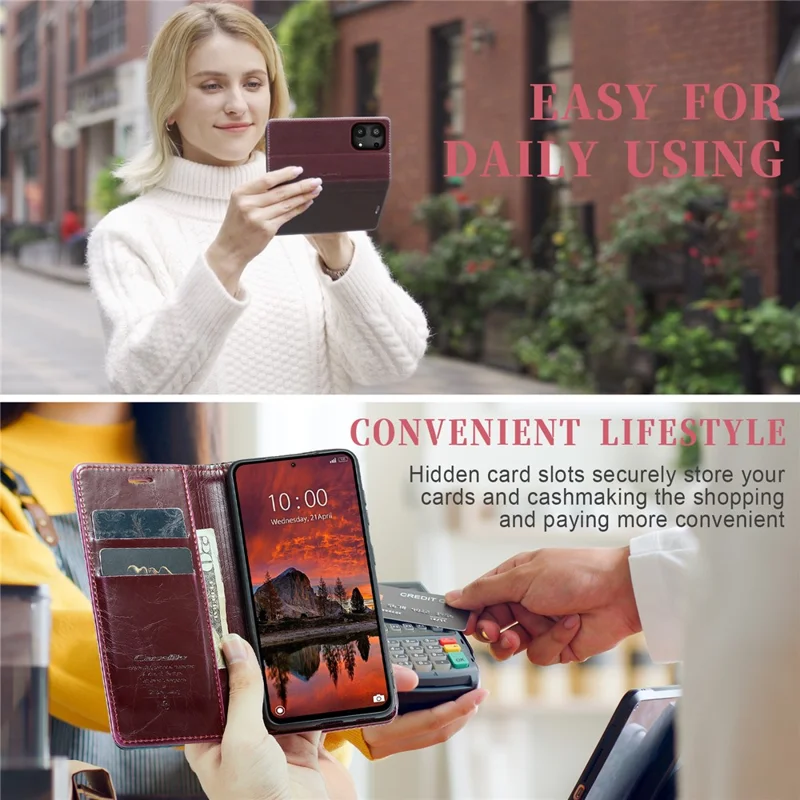 CASEME 003 Series For Xiaomi Redmi Note 13 Pro 4G / Poco M6 Pro 4G Case Wallet Waxy Leather Phone Cover - Wine Red