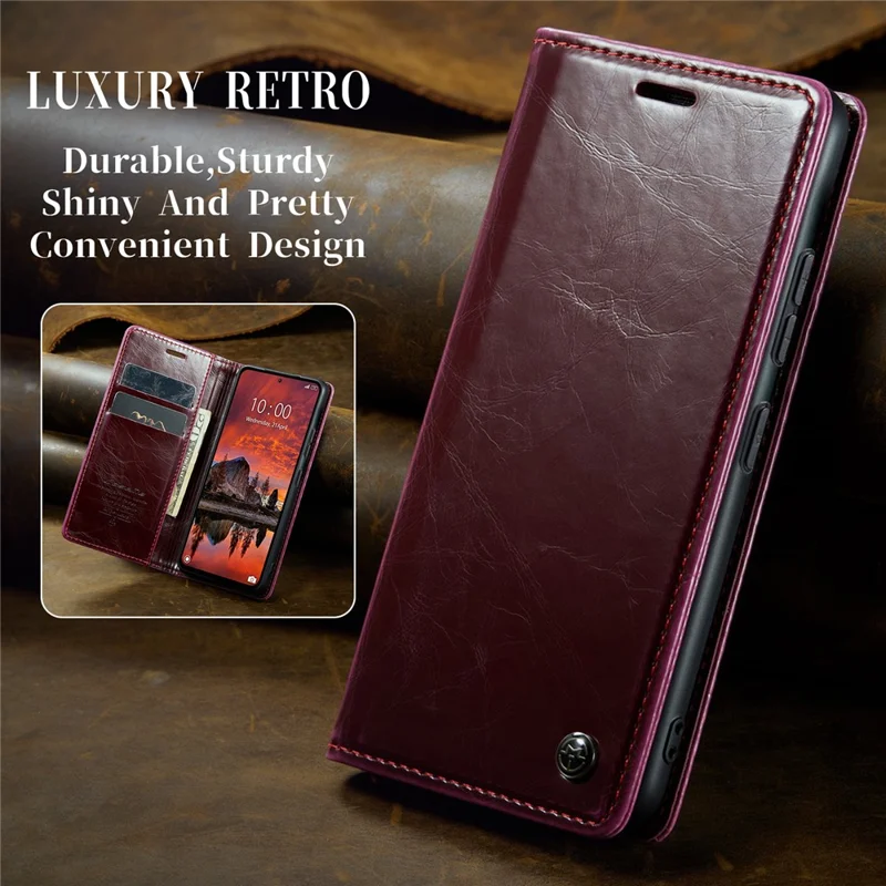 CASEME 003 Series For Xiaomi Redmi Note 13 Pro 4G / Poco M6 Pro 4G Case Wallet Waxy Leather Phone Cover - Wine Red