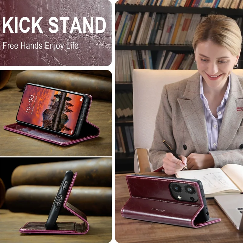 CASEME 003 Series For Xiaomi Redmi Note 13 Pro 4G / Poco M6 Pro 4G Case Wallet Waxy Leather Phone Cover - Wine Red