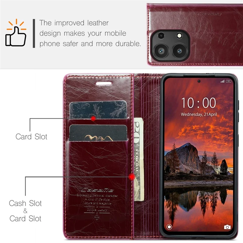 CASEME 003 Series For Xiaomi Redmi Note 13 Pro 4G / Poco M6 Pro 4G Case Wallet Waxy Leather Phone Cover - Wine Red