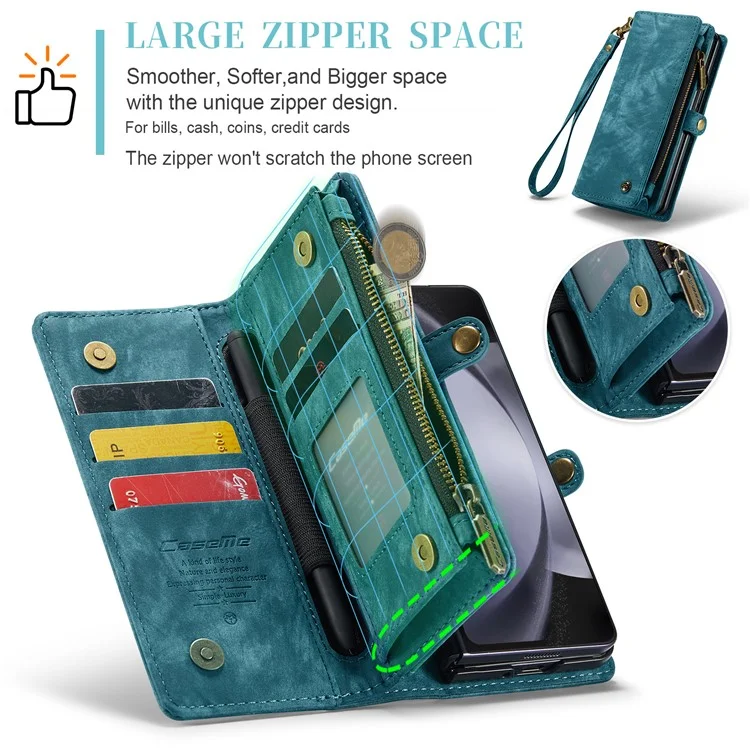 CASEME 008 Series pour étui Samsung Galaxy Z Fold5 5G Support Portefeuille Fermeture à Glissière Étui en Cuir - Bleu