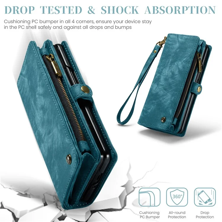 CASEME 008 Series pour étui Samsung Galaxy Z Fold5 5G Support Portefeuille Fermeture à Glissière Étui en Cuir - Bleu