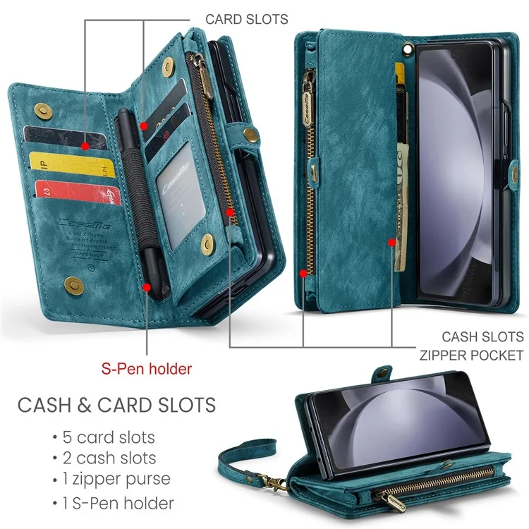 CASEME 008 Series pour étui Samsung Galaxy Z Fold5 5G Support Portefeuille Fermeture à Glissière Étui en Cuir - Bleu