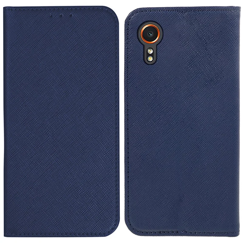 For Samsung Galaxy Xcover7 Stand Case Cross Texture Leather Flip Phone Cover - Dark Blue