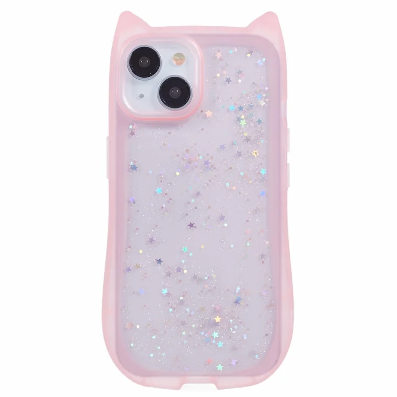 JTW Series For iPhone 14 Case TPU Cat Ear Phone Cover Bling Star Epoxy - Transparent Pink