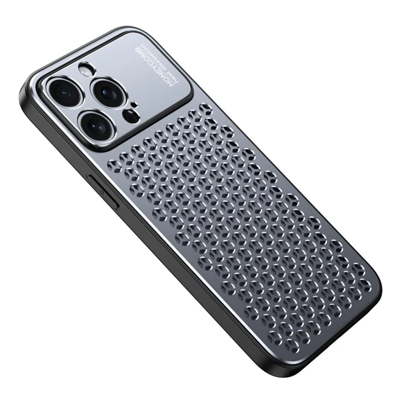 For iPhone 15 Pro Max Case Aluminum Alloy+TPU Honeycomb Heat Dissipation Phone Cover - Grey