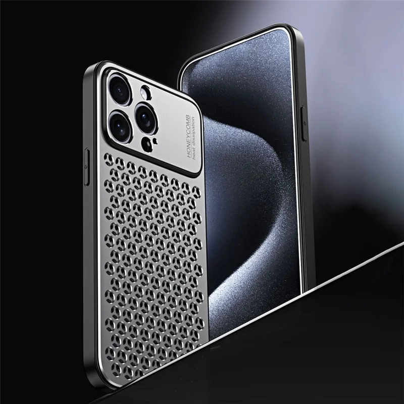 For iPhone 15 Pro Max Case Aluminum Alloy+TPU Honeycomb Heat Dissipation Phone Cover - Grey