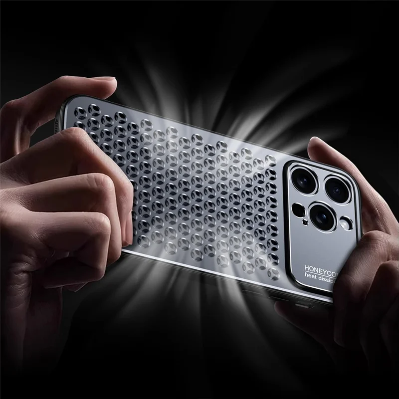 For iPhone 15 Pro Max Case Aluminum Alloy+TPU Honeycomb Heat Dissipation Phone Cover - Grey