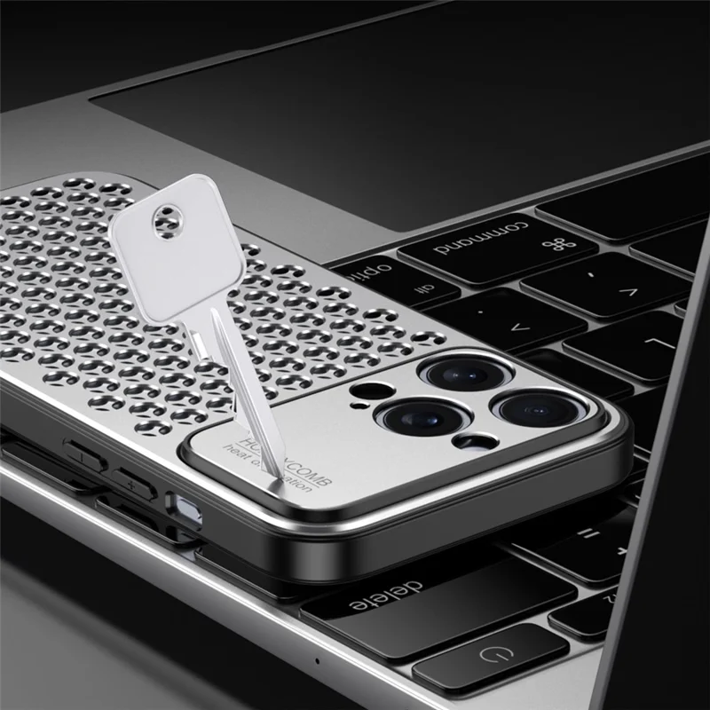For iPhone 15 Pro Max Case Aluminum Alloy+TPU Honeycomb Heat Dissipation Phone Cover - Grey