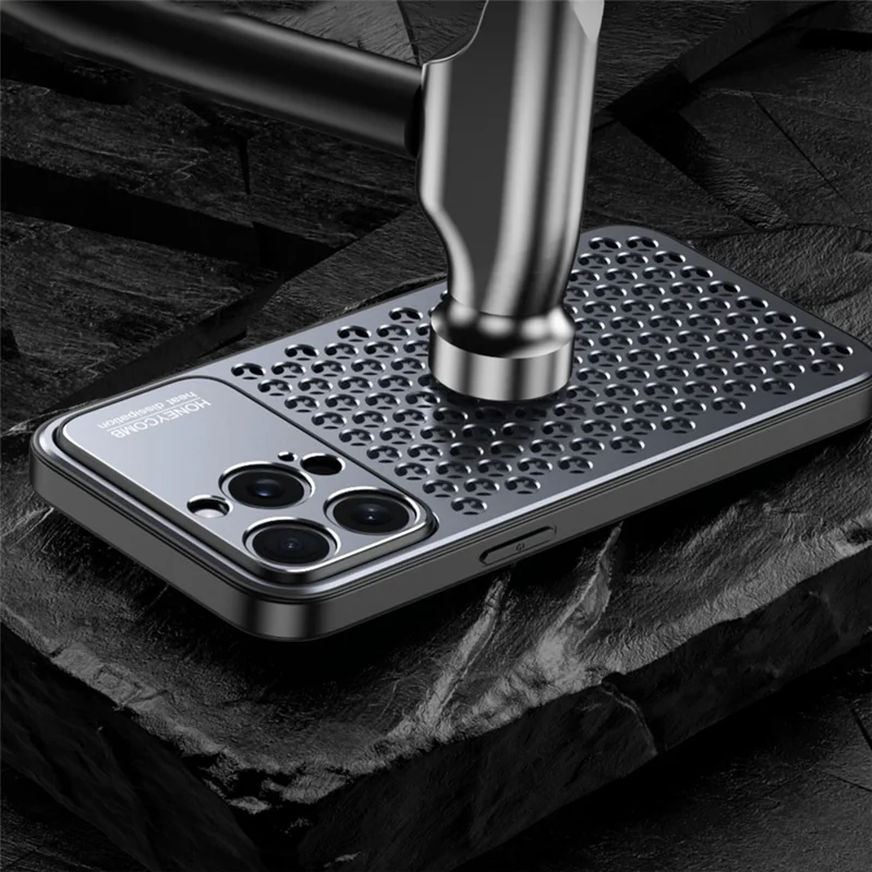 For iPhone 15 Pro Max Case Aluminum Alloy+TPU Honeycomb Heat Dissipation Phone Cover - Grey