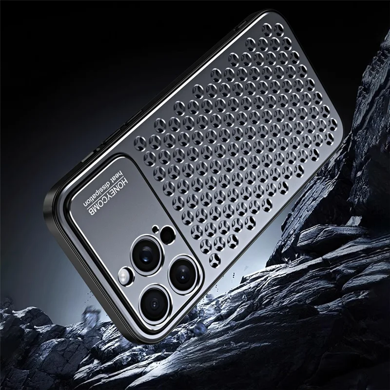 For iPhone 15 Pro Max Case Aluminum Alloy+TPU Honeycomb Heat Dissipation Phone Cover - Grey
