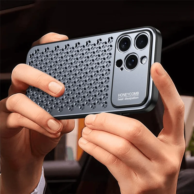 For iPhone 15 Pro Max Case Aluminum Alloy+TPU Honeycomb Heat Dissipation Phone Cover - Grey