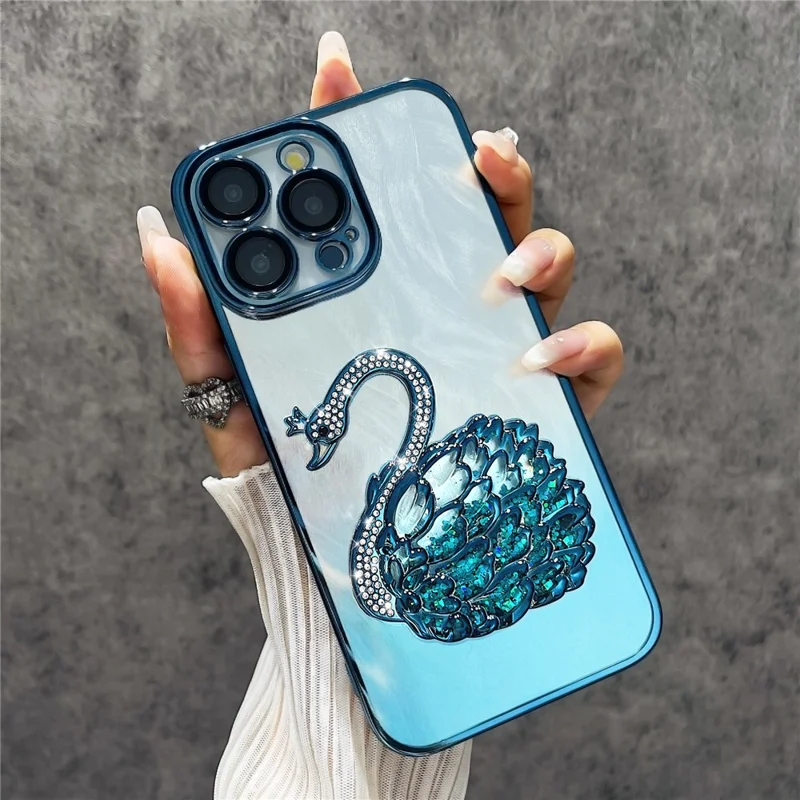 For iPhone 12 Pro Max Case Feather Yarn Texture Quicksand Swan TPU Phone Cover with Glass Lens Film - Blue