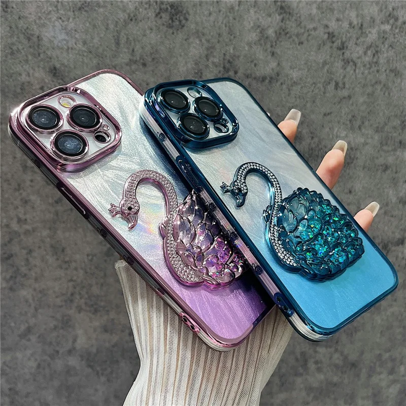 For iPhone 12 Pro Max Case Feather Yarn Texture Quicksand Swan TPU Phone Cover with Glass Lens Film - Blue