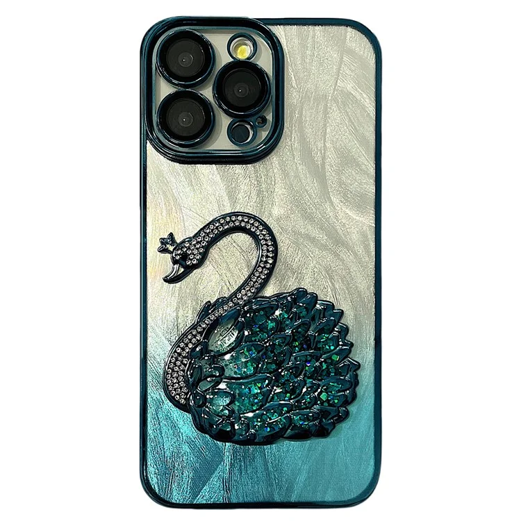 For iPhone 12 Pro Case Feather Yarn Design Stylish Quicksand Swan TPU Phone Cover with Lens Film - Blue