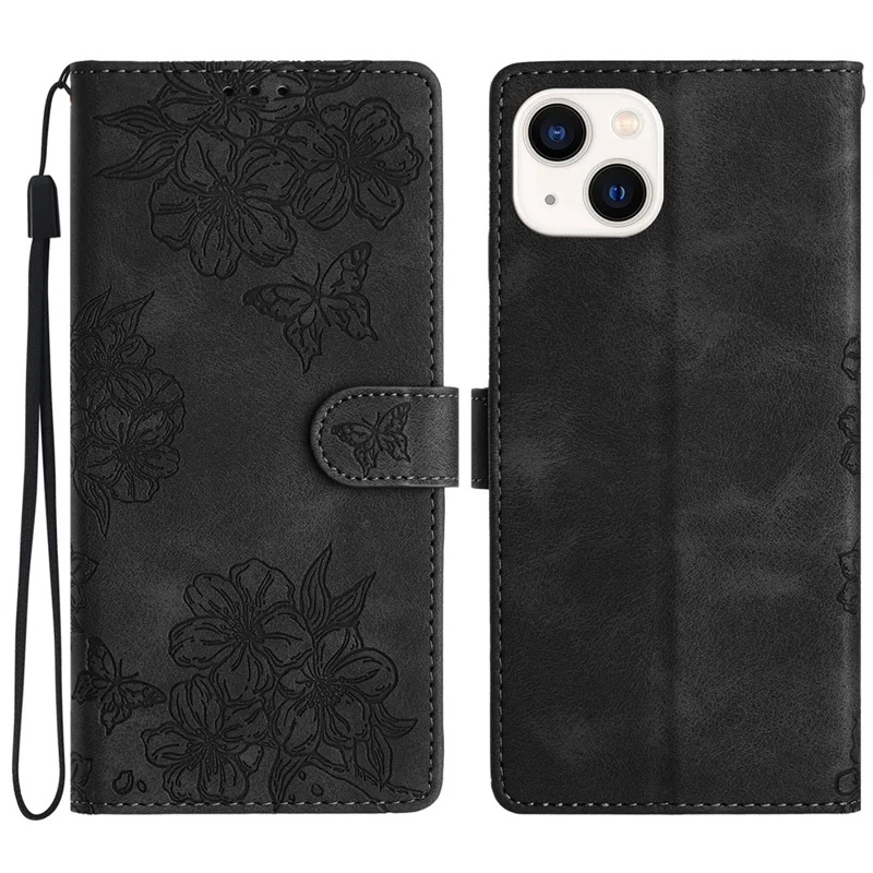 For iPhone 15 Plus PU Leather Phone Case Skin-Touch Feeling Imprinted Pattern Wallet Phone Cover - Black