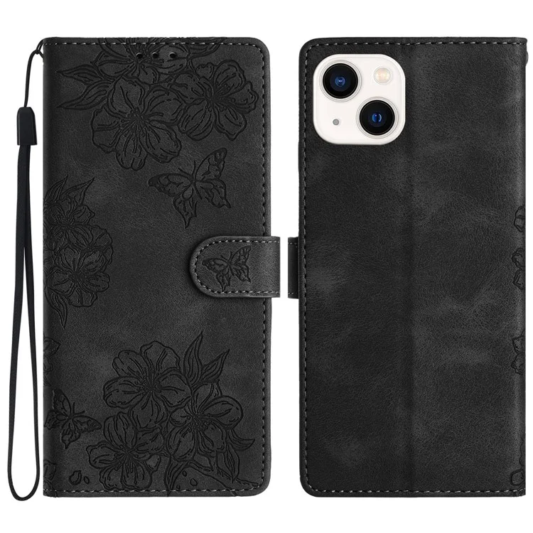 Funda de teléfono con efecto piel para iPhone 14 Plus, con diseño de mariposa y flores, cartera - Negro