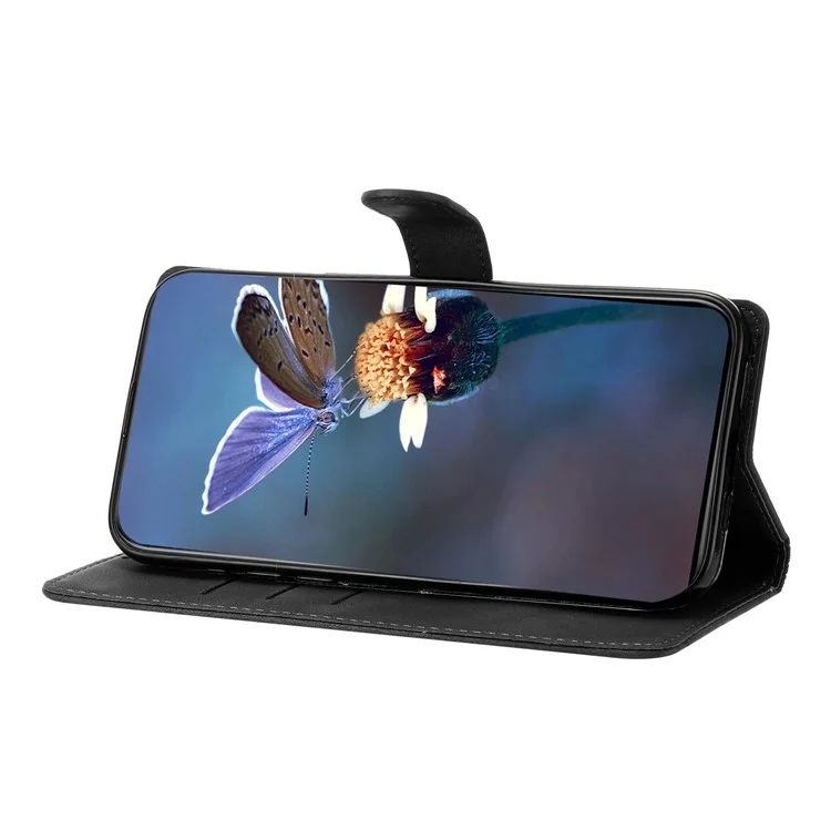 Funda de teléfono con efecto piel para iPhone 14 Plus, con diseño de mariposa y flores, cartera - Negro